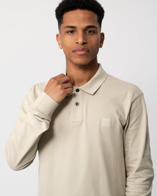 BOSS Orange Passerby Mens Long Sleeve Stretch-Cotton Polo Shirt with Logo Patch - Image 2