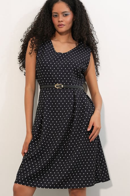Punktedot-Umlegegürtel-Midi-A-Linien-Kleid - Image 1