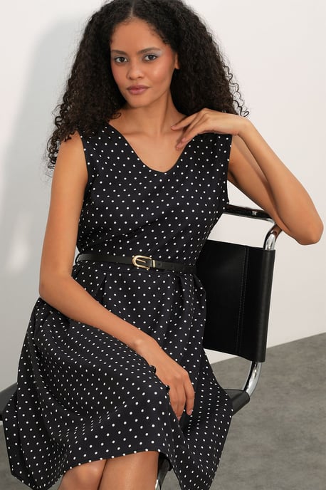 Punktedot-Umlegegürtel-Midi-A-Linien-Kleid - Image 2