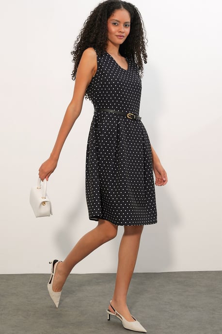 Punktedot-Umlegegürtel-Midi-A-Linien-Kleid - Image 3