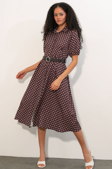 Punkte-Muster Gürtel-Midi-Hemdkleid - Image 1