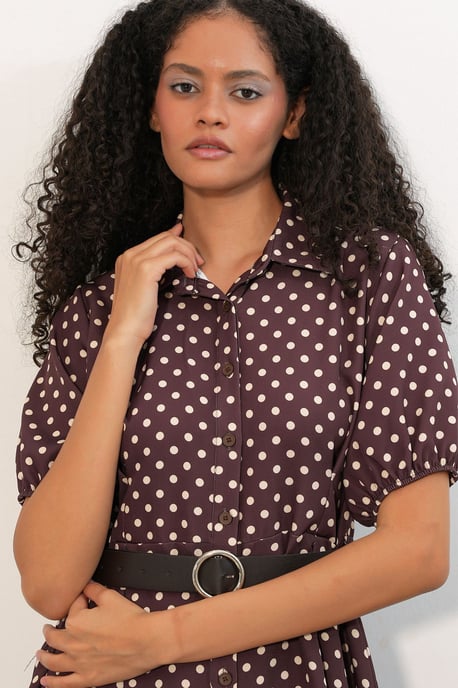 Punkte-Muster Gürtel-Midi-Hemdkleid - Image 3