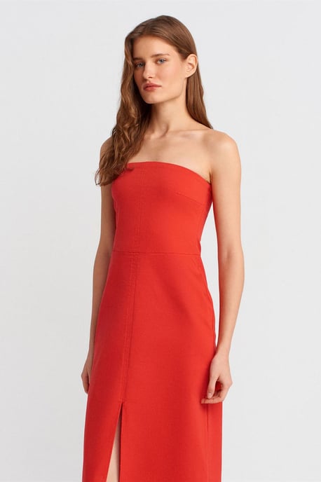 Trägerloses, tailliertes Midikleid mit Schlitz - Image 3