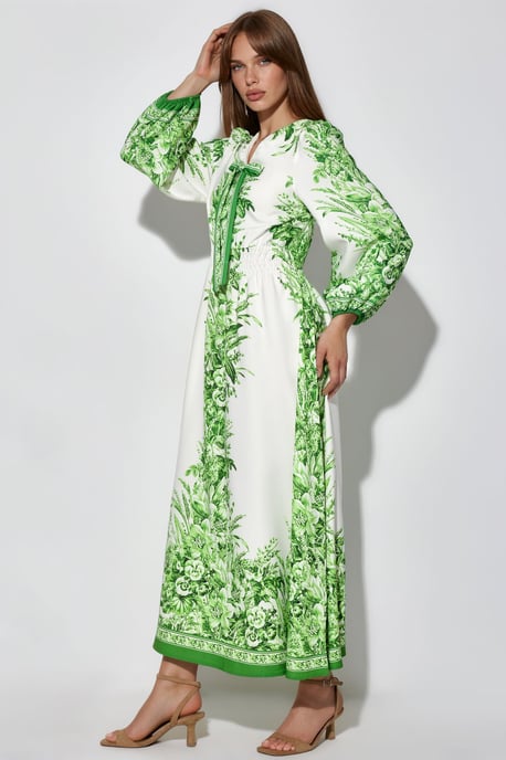 Bedrucktes V-Ausschnitt-Maxi-Kleid mit Bindeschleife - Image 2