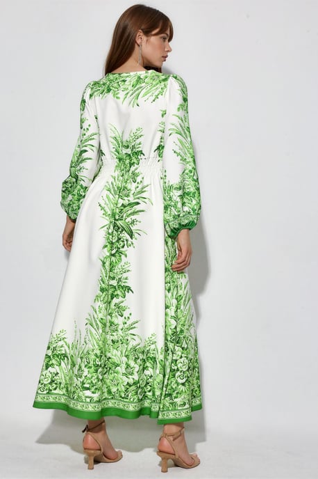 Bedrucktes V-Ausschnitt-Maxi-Kleid mit Bindeschleife - Image 3