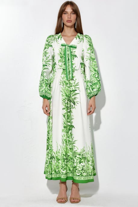 Bedrucktes V-Ausschnitt-Maxi-Kleid mit Bindeschleife - Image 5