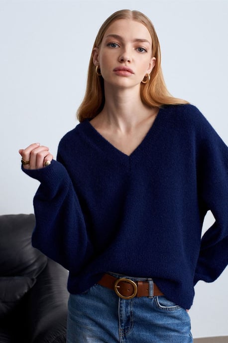 Damen V-Ausschnitt Rippstrickpullover - Image 3
