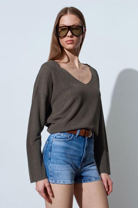 Damen V-Ausschnitt Rippstrickpullover - Image 3