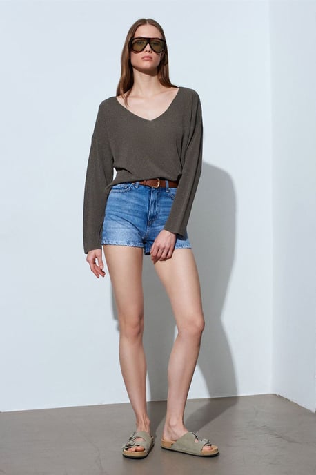 Damen V-Ausschnitt Rippstrickpullover - Image 4