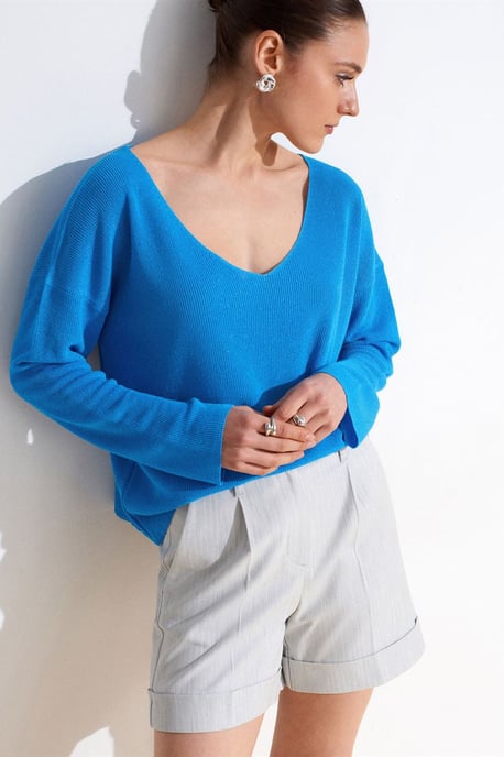 Damen V-Ausschnitt Rippenstrickpullover - Image 3