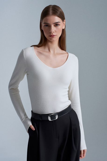 Schlanker V-Ausschnitt Rippenstrickpullover - Image 1