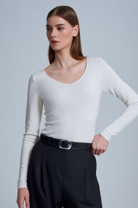 Schlanker V-Ausschnitt Rippenstrickpullover - Image 3