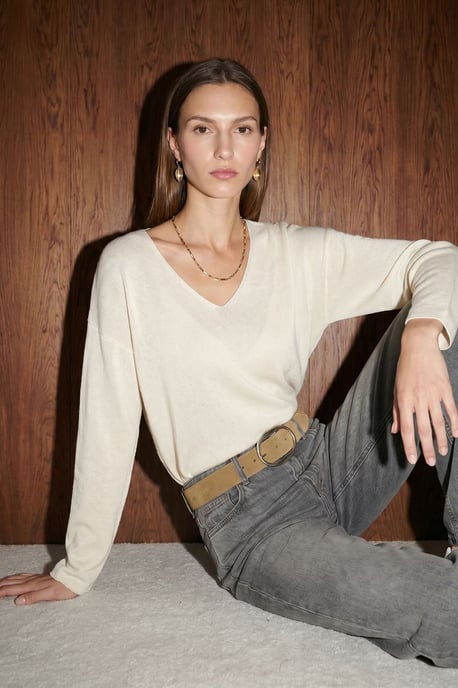 Damen V-Ausschnitt Rippstrickpullover - Image 1
