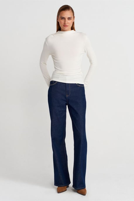 Rippstruktur Slim-Fit Halbstehkragenbluse - Image 4