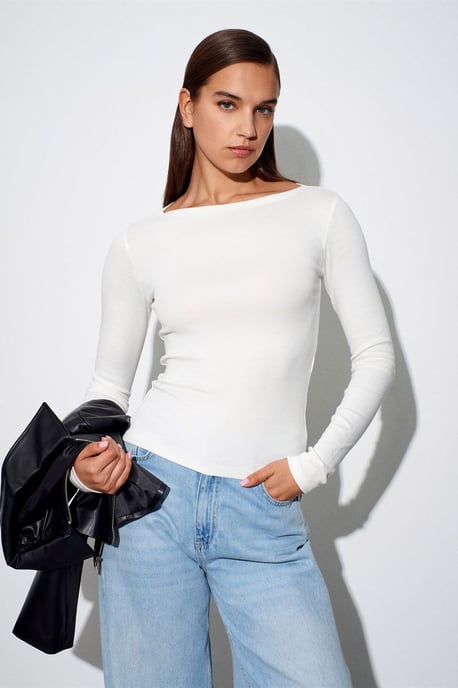 Damen Slim-Fit Boot-Ausschnitt Langarmbluse - Image 3