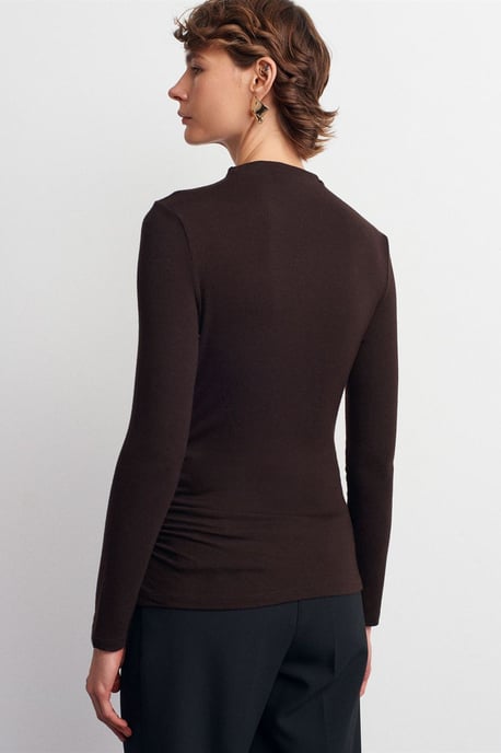 Rippstruktur Slim-Fit Halbstehkragenbluse - Image 2