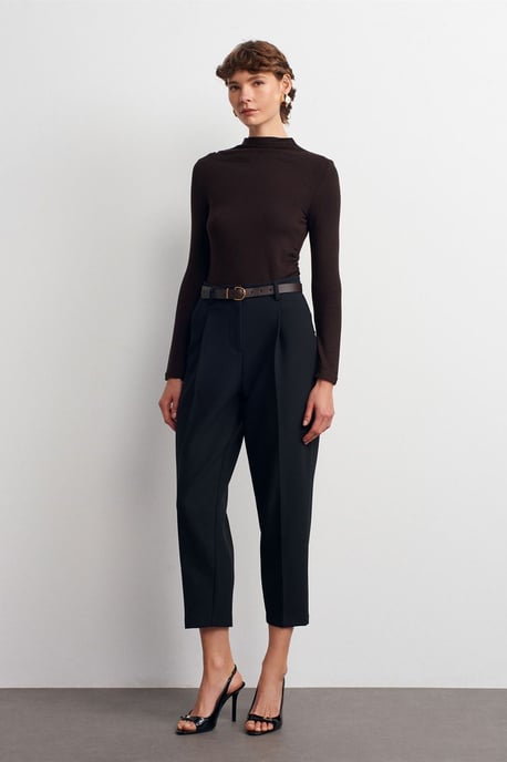 Rippstruktur Slim-Fit Halbstehkragenbluse - Image 3