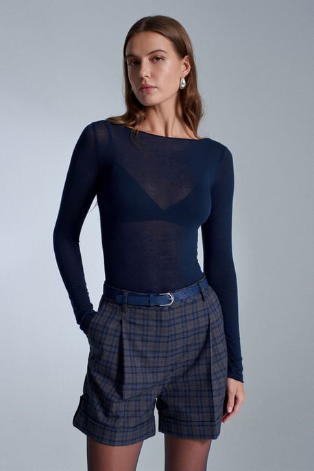 Schlankes Fit Bootshaus-Ausschnitt Langarm Strickbluse - Image 1