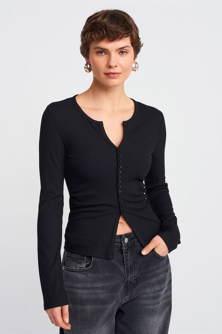 Slim Fit Rippstruktur Bluse mit Knopfleiste - Image 1