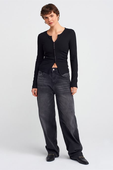 Slim Fit Rippstruktur Bluse mit Knopfleiste - Image 3