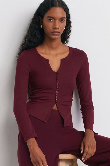 Slim Fit Rippstruktur Bluse mit Knopfleiste - Image 1