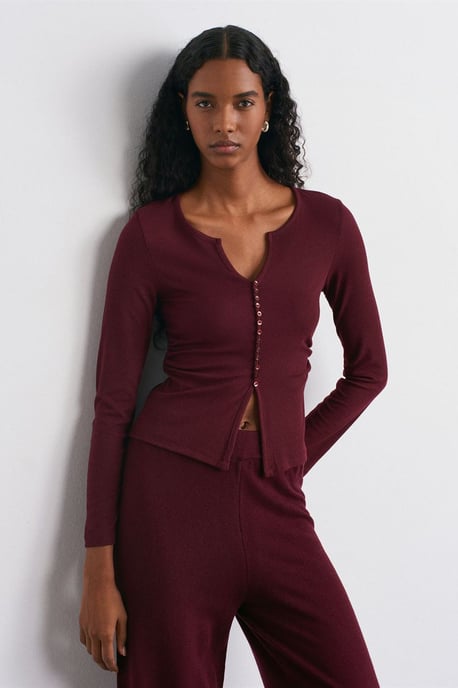 Slim Fit Rippstruktur Bluse mit Knopfleiste - Image 3