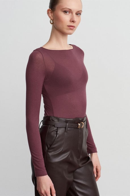 Schmale Passform Boot-Ausschnitt Langarm Strickbluse - Image 2