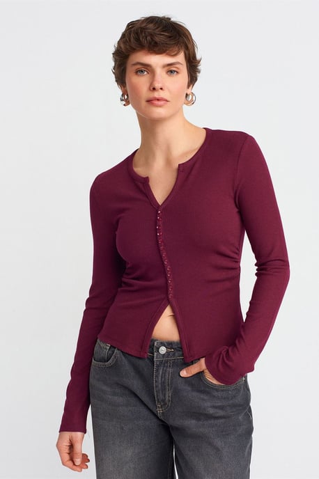 Slim Fit Rippstruktur Bluse mit Knopfleiste - Image 1