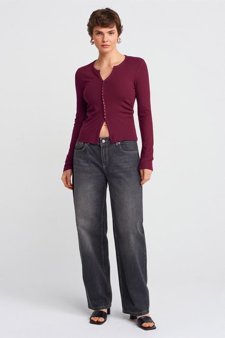 Slim Fit Rippstruktur Bluse mit Knopfleiste - Image 3