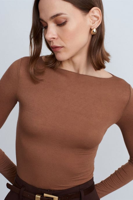 Schmale Passform Boot-Ausschnitt Langarm Strickbluse - Image 1