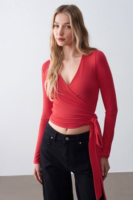 Damen Crop-Wrap-Bluse mit Bindeband - Image 1