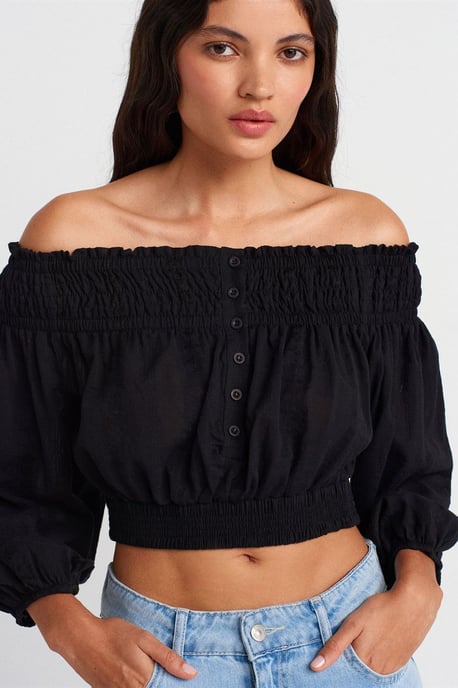 Dilvin Schulterfreies Crop-Top - Schwarz - Image 3