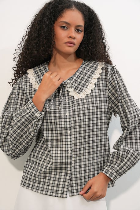 Damen Karo Viskose Popeline Shirt - Image 1