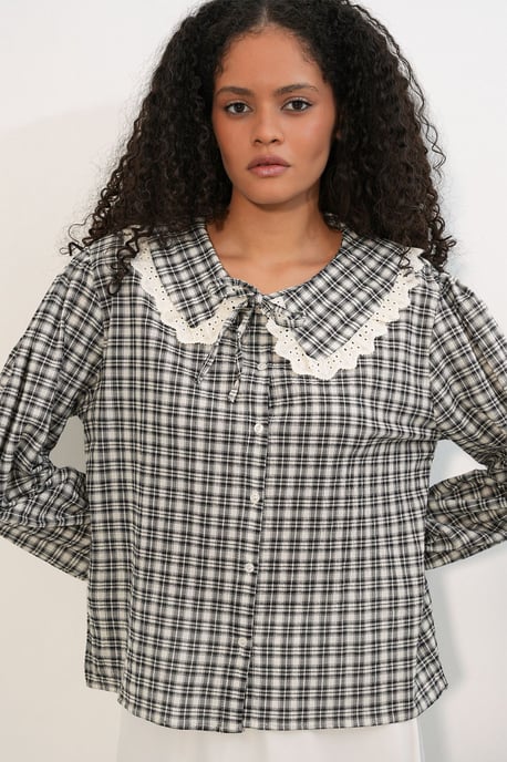 Damen Karo Viskose Popeline Shirt - Image 2