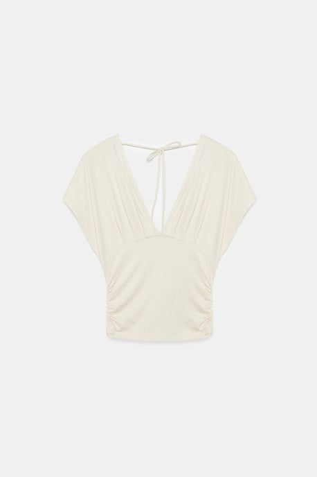 Schlanke Passform V-Ausschnitt Bluse mit Krawatten Detail - Image 6