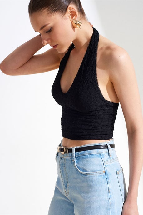 Damen Spitze Neckholder Crop Bluse - Image 1