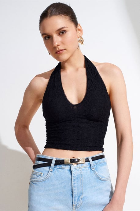 Damen Spitze Neckholder Crop Bluse - Image 3