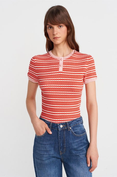 Gestreifte Ripp-Button-Front-Bluse - Image 1