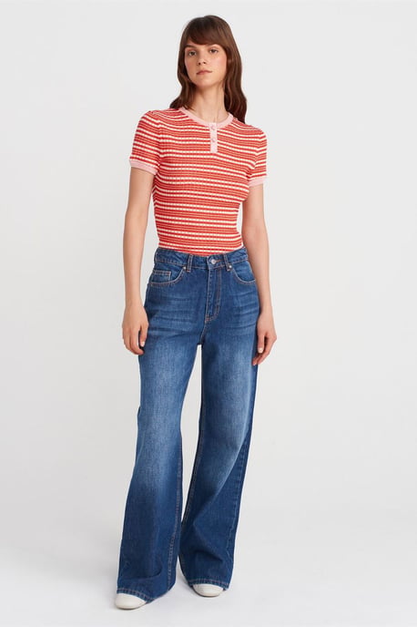 Gestreifte Ripp-Button-Front-Bluse - Image 4