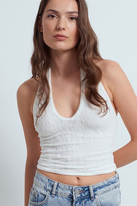 Damen Spitze Neckholder Crop Bluse - Image 3