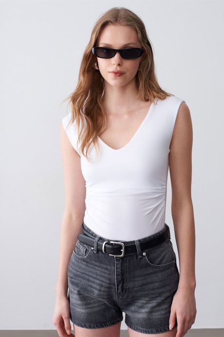 Ärmellose V-Ausschnitt Slim-Fit-Bluse - Image 3