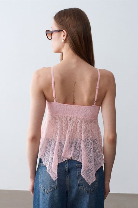 Dilvin Spitzen-Bindebluse ohne Ärmel mit Vorderknotendetail - Rosé - Image 3