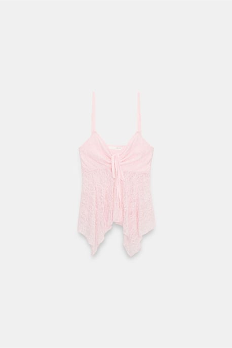 Dilvin Spitzen-Bindebluse ohne Ärmel mit Vorderknotendetail - Rosé - Image 6