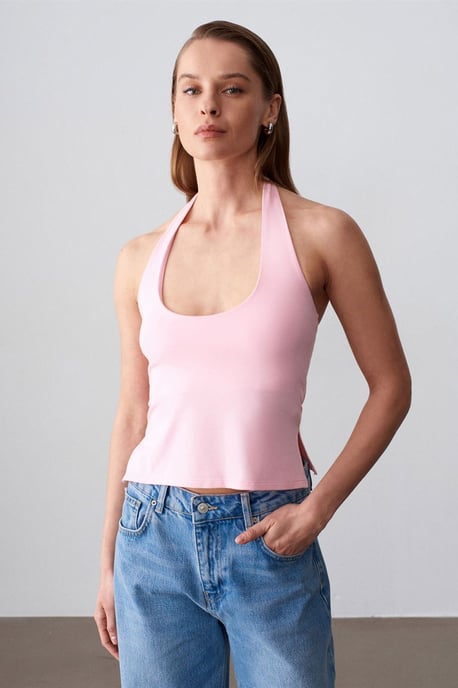 Halterneck Cut-Out Slim Fit Bluse - Image 3