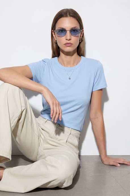 Damen Unifarbene Rundhalsausschnitt T-Shirt - Image 1