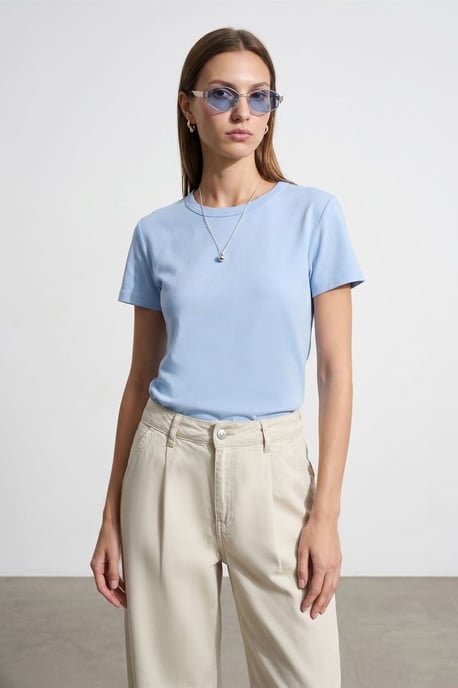Damen Unifarbene Rundhalsausschnitt T-Shirt - Image 3