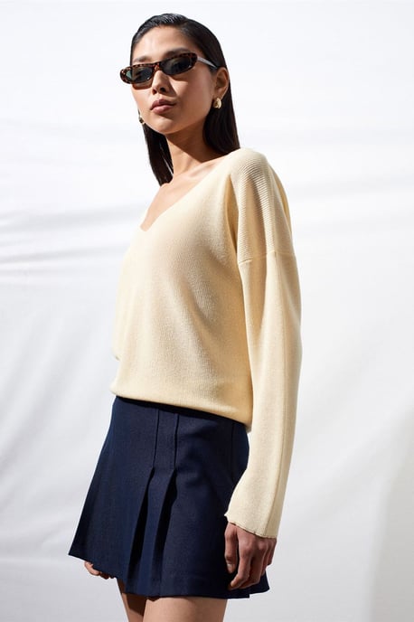 Damen V-Ausschnitt Rippenstrickpullover - Image 3