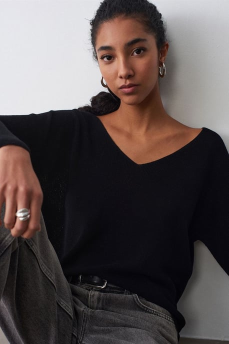 Damen V-Ausschnitt Rippstrickpullover - Image 1
