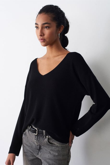 Damen V-Ausschnitt Rippstrickpullover - Image 3