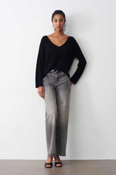 Damen V-Ausschnitt Rippstrickpullover - Image 4